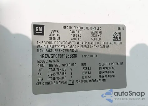 2015 Chevrolet Express 2500 Work Van из США, поврежденный, VIN 1GCWGFCF0F1262838